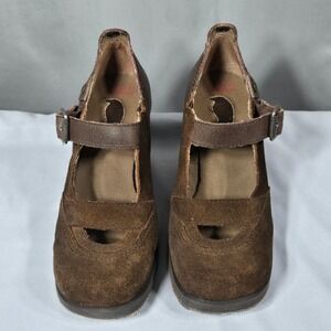 London Underground Mary Jane Heels Womens 6.5 Brown Suede Leather Platform Lug